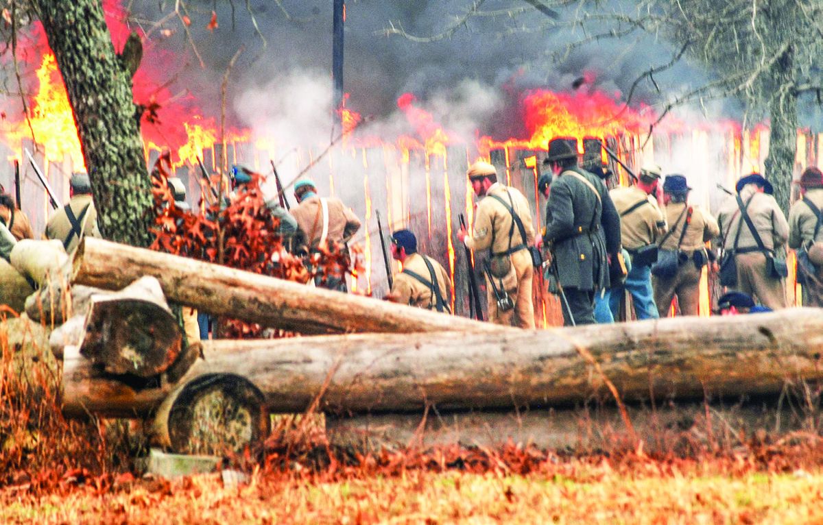 Fire raged across the battlefield to commemorate the South Carolina towns that General Kilpatrick burned during his campaign in the (Bob Ruegsegger photos)