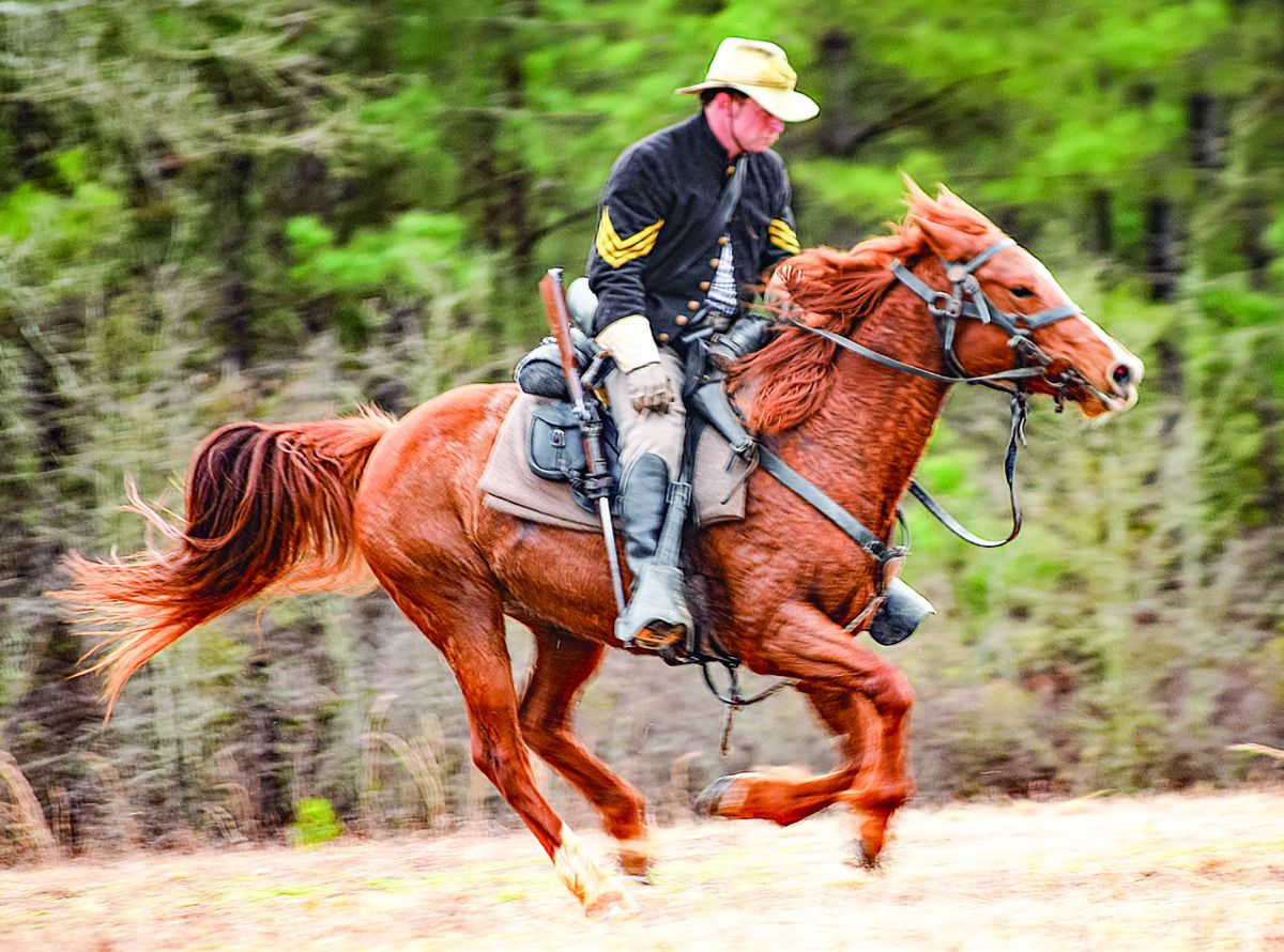 Sgt. Ponch Hall exhibits some of the urgency that General Kilpatrick’s cavalry probably felt after Federal troopers were attacked.