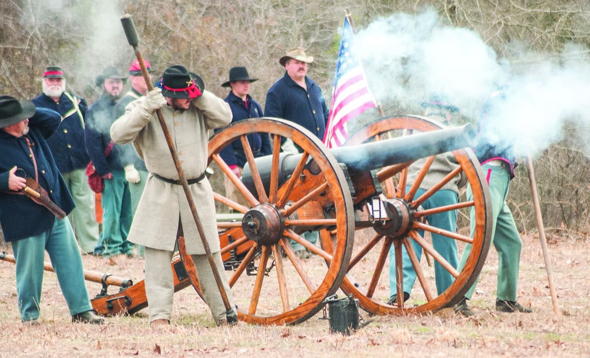 Federal artillery prepares to fire on attacking Confederate forces during the Battle of White Pond morning re-enactment staged prior to the afternoon Battle of Aiken.