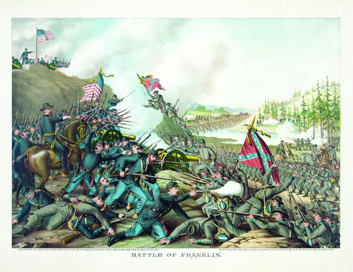 Battle of Franklin. 1891 print by Kurz and Allison. Restoration by Adam Cuerden. (Library of Congress)