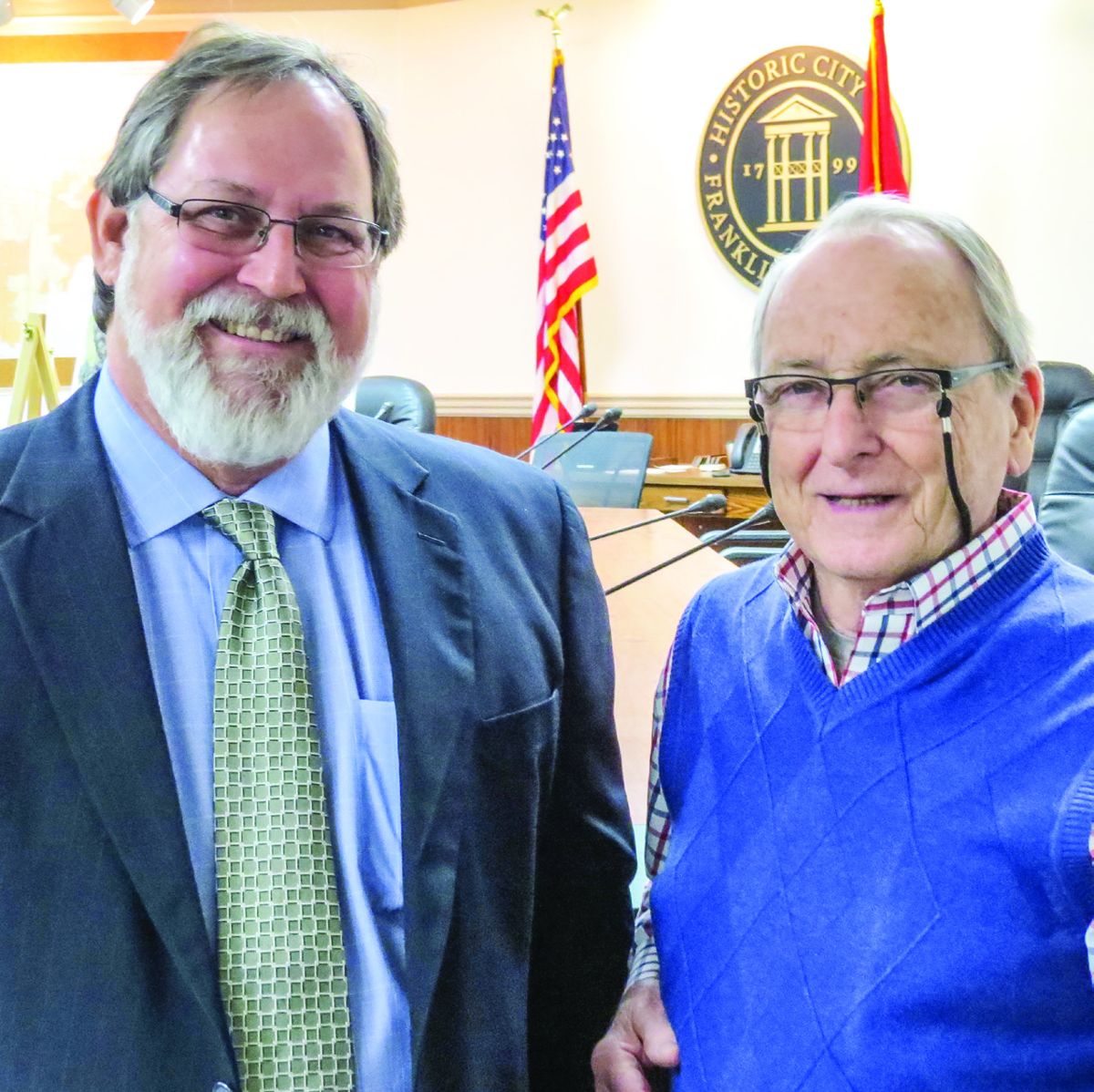 Franklin Alderman Michael Skinner, left, and Franklin Charge Board member Ernie Bacon attended the Franklin press conference.