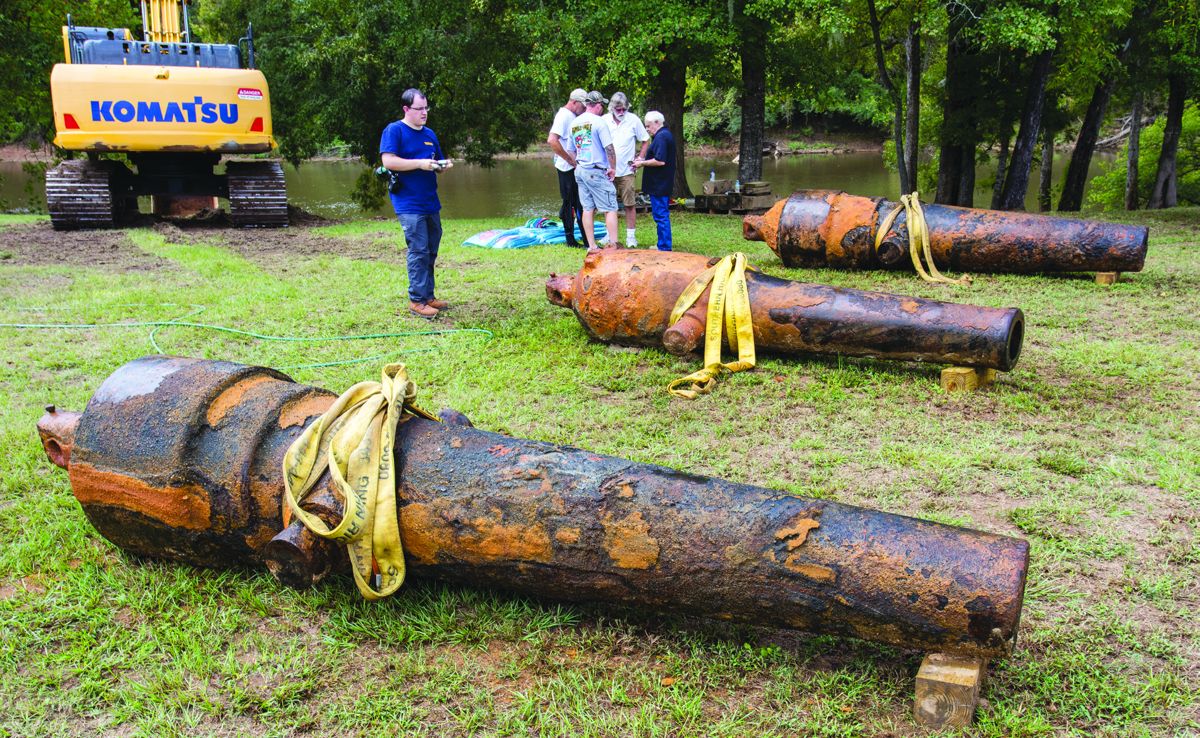 Top to bottom: C.S. 7-inch Brooke rifle, No. 46; U.S. 9-inch Dahlgren smoothbore gun, No. 513; and C.S. 6.4-inch Brooke rifle, No. 53. These were the guns from the CSS Pee Dee that were recovered from the Great Pee Dee River on that September day.
