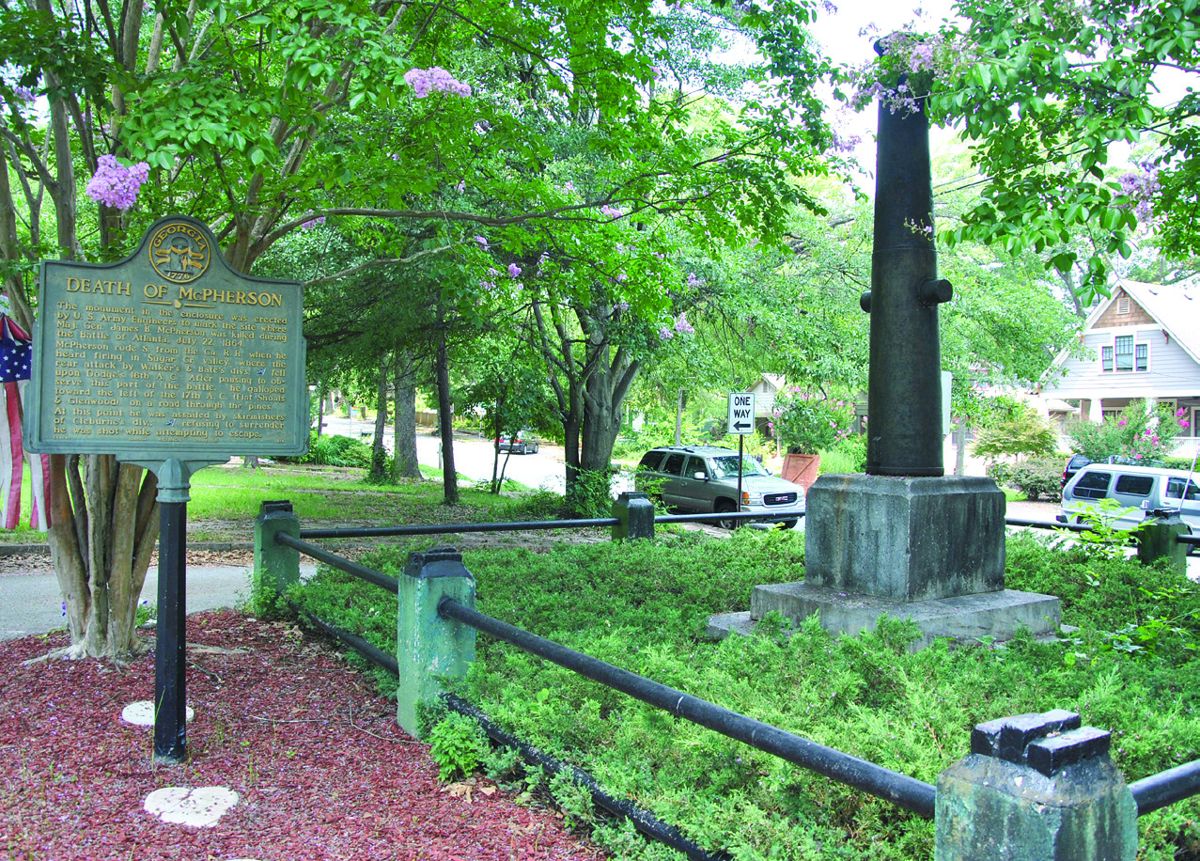 In 1877 U.S. army officers stationed in Atlanta resolved to raise a monument at the site, and bought this small tract of land. The War Department donated the cannon, which was set in a block of granite from nearby Stone Mountain. The site is in present-day east Atlanta, appropriately at the intersection of McPherson and Monument Avenues. (Atlanta History Center)