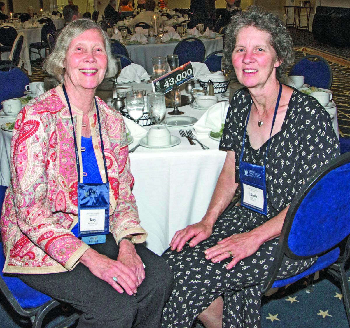 Former Civil War News publisher Kay Jorgensen, left, and Linda Hoyt, right, who was circulation manager and spent 16 years at the newspaper, drove from Vermont to Gettysburg for the Civil War Trust’s annual conference at which Jorgensen was honored.