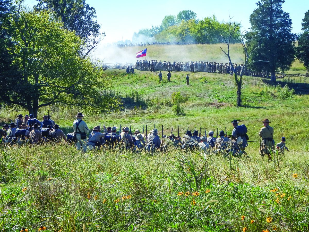 Confederate troops attack up the hill towards the Federal line. (Photos by Gregory Wade otherwise noted)