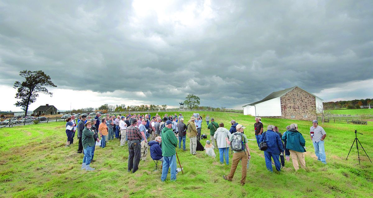 It almost rained, but this cloud passed without troubling the Image of War seminar as the attendees visit the McPherson Farm on the first day’s battlefield at Gettysburg, where Mathew Brady took several stereo photographs less than two weeks after the July 1863 battle.