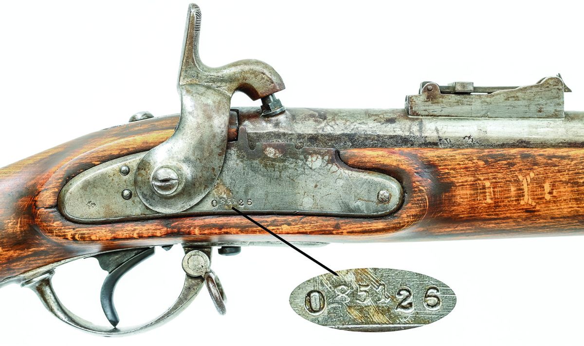Greenwood altered Austrian M-1842 showing lock detail with the original Austrian date of manufacture 1851 stamped as “851” and the Greenwood reassembly code O 26 clearly visible. The Greenwood installed long-range rear sight is also quite prominent. Musket courtesy Charles L. Foster collection.
