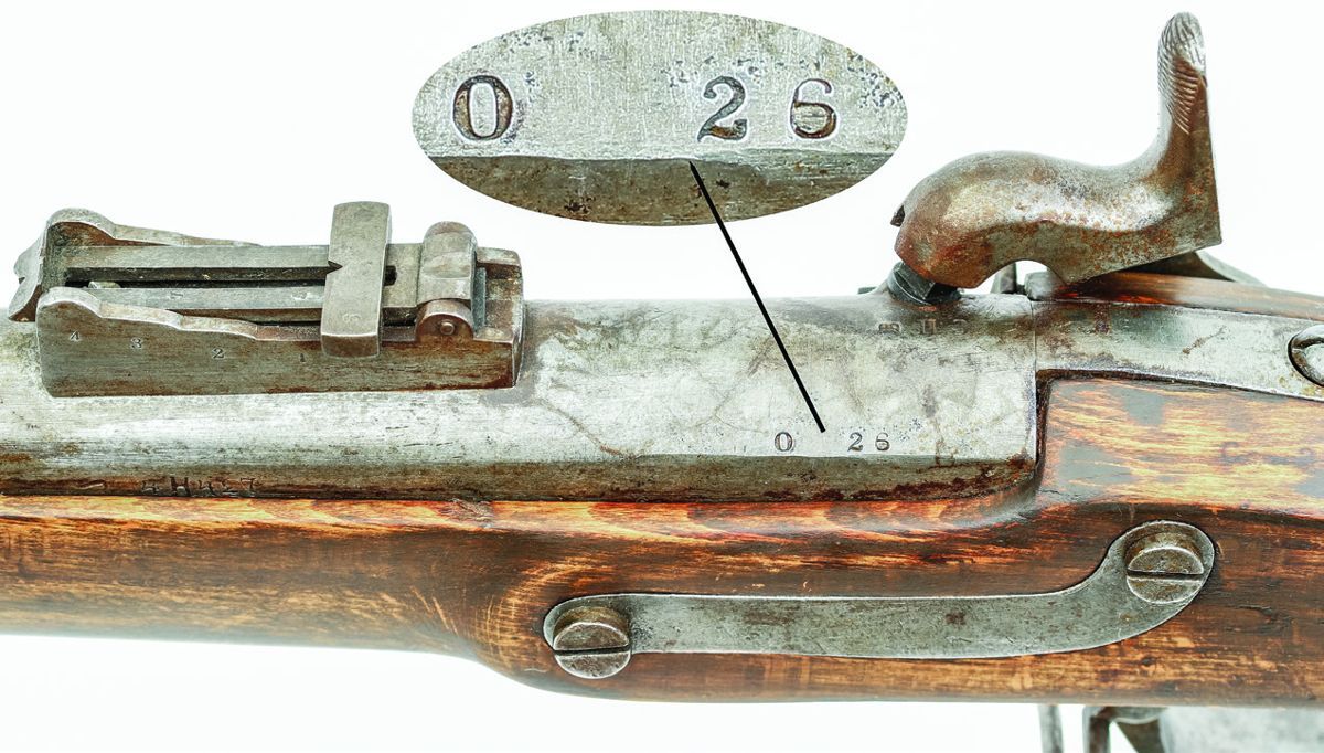 Close up of the breech area of the Greenwood altered M-1842 showing the alphanumeric reassembly code and more detail of the Greenwood installed rear sight. Musket courtesy Charles L. Foster collection.