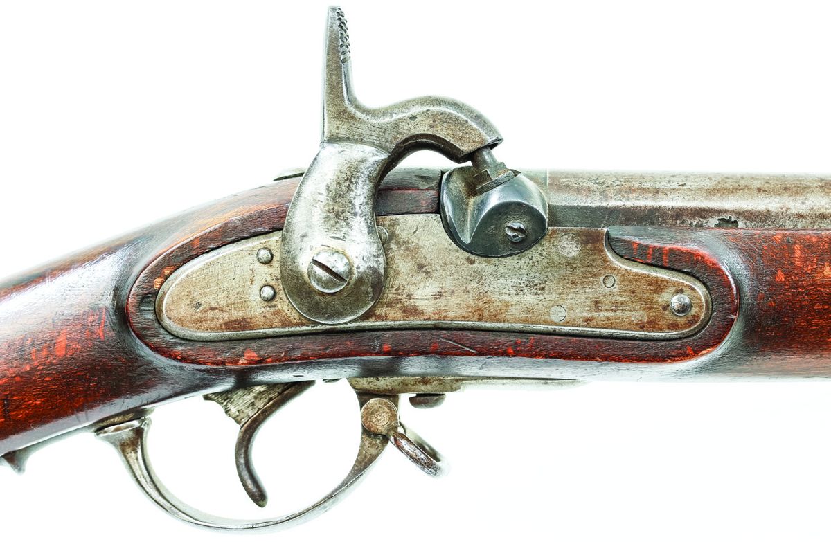 Close up of the lock area of the Leman altered Austrian M-1842 Musket. Note that the lock markings were mostly removed during the alteration process. Note also the visible seam between the new patent chambered breech and the Austrian barrel and the typical Leman clean out screw in the new percussion bolster.