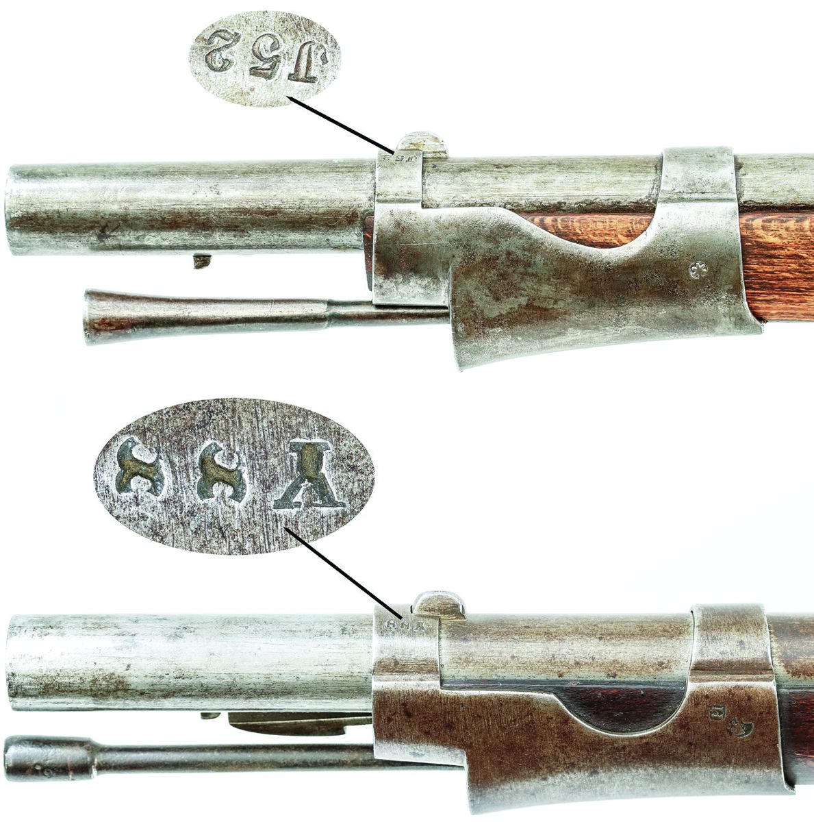Close up of the lock area of the Leman altered Austrian M-1842 Musket. Note that the lock markings were mostly removed during the alteration process. Note also the visible seam between the new patent chambered breech and the Austrian barrel and the typical Leman clean out screw in the new percussion bolster.