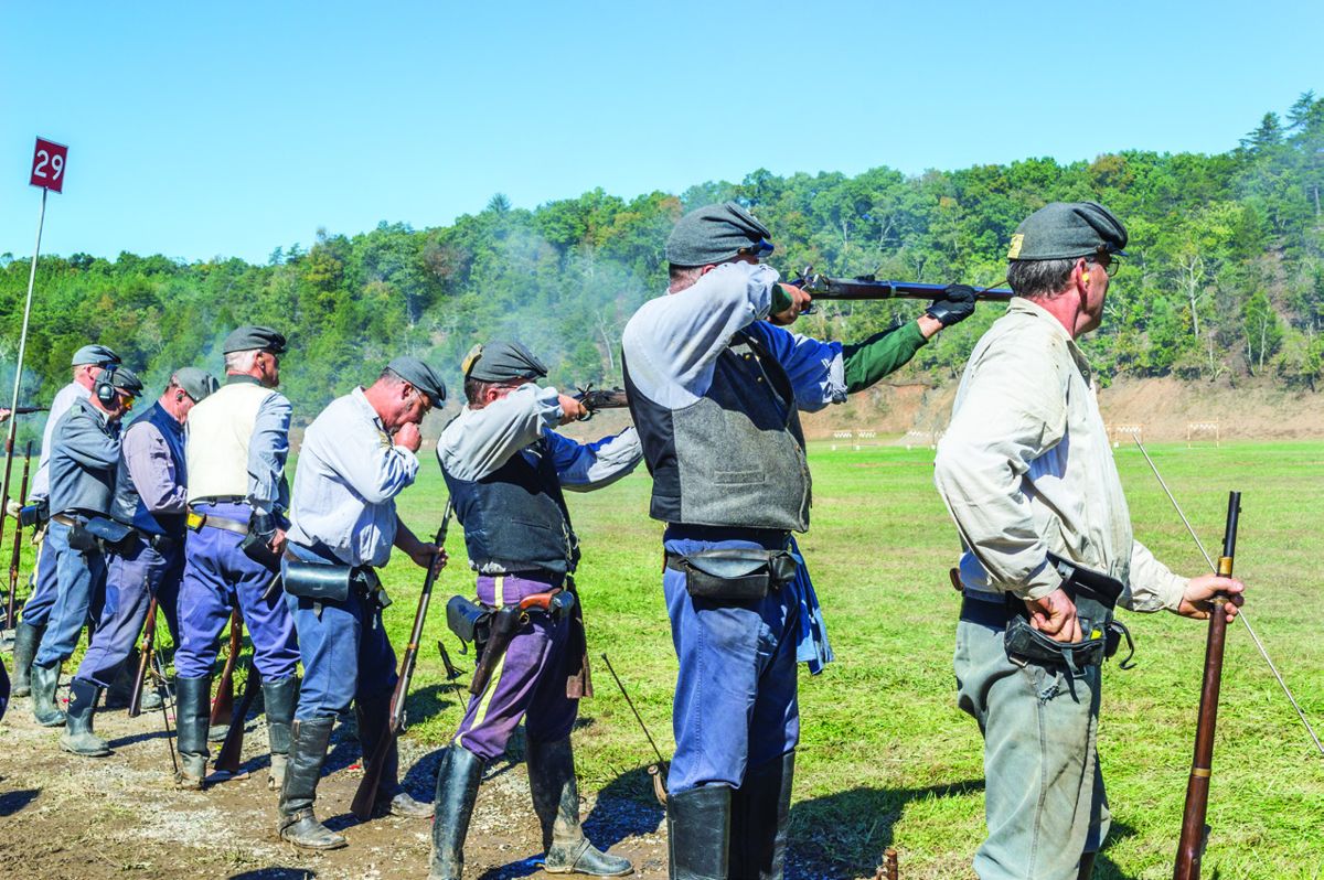 The eight member musket team of the 9th Virginia Cavalry blaze away at ceramic tiles at 100 yards. All targets at the N-SSA Nationals are (All photos this page Ericka Hoffmann)