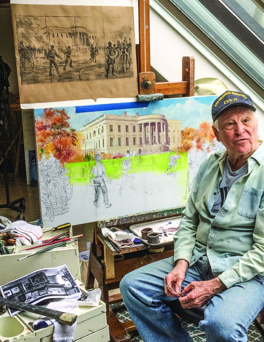 Mort Künstler with the his preliminary sketch and current oil painting.