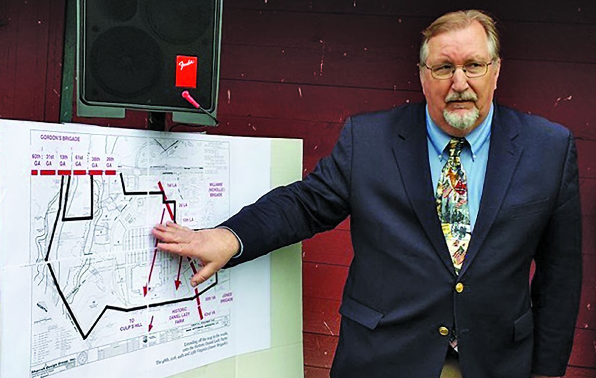 Gettysburg Battlefield Preservation Association board member Michael Cassidy describes the troop movements across the battlefield land that is proposed for roadway and commercial development.