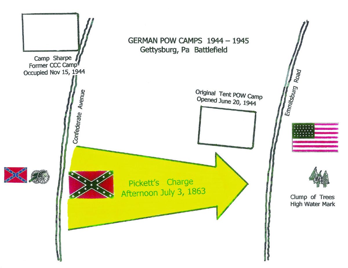 The present day site of Pickett’s Confederate assault places the POW Tent Camp near the center of the charge.