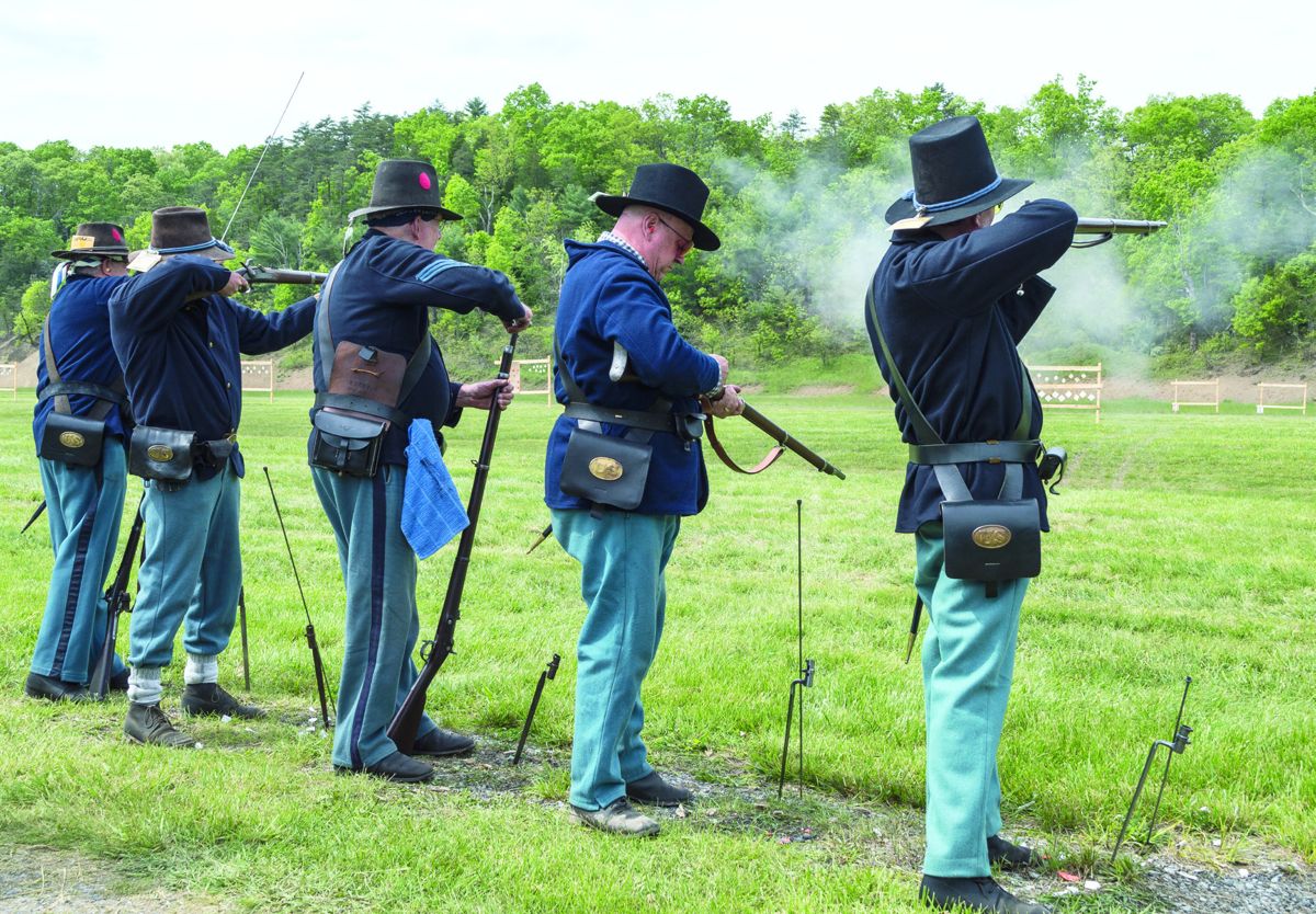 The traditional musket match is shot with rifle muskets as issued in the Civil War and with no alterations whatsoever. The teams use paper cartridges and dress authentically, right down to their footwear. The Union Guard, (Company A, 19th Indiana Infantry) won this match handily.