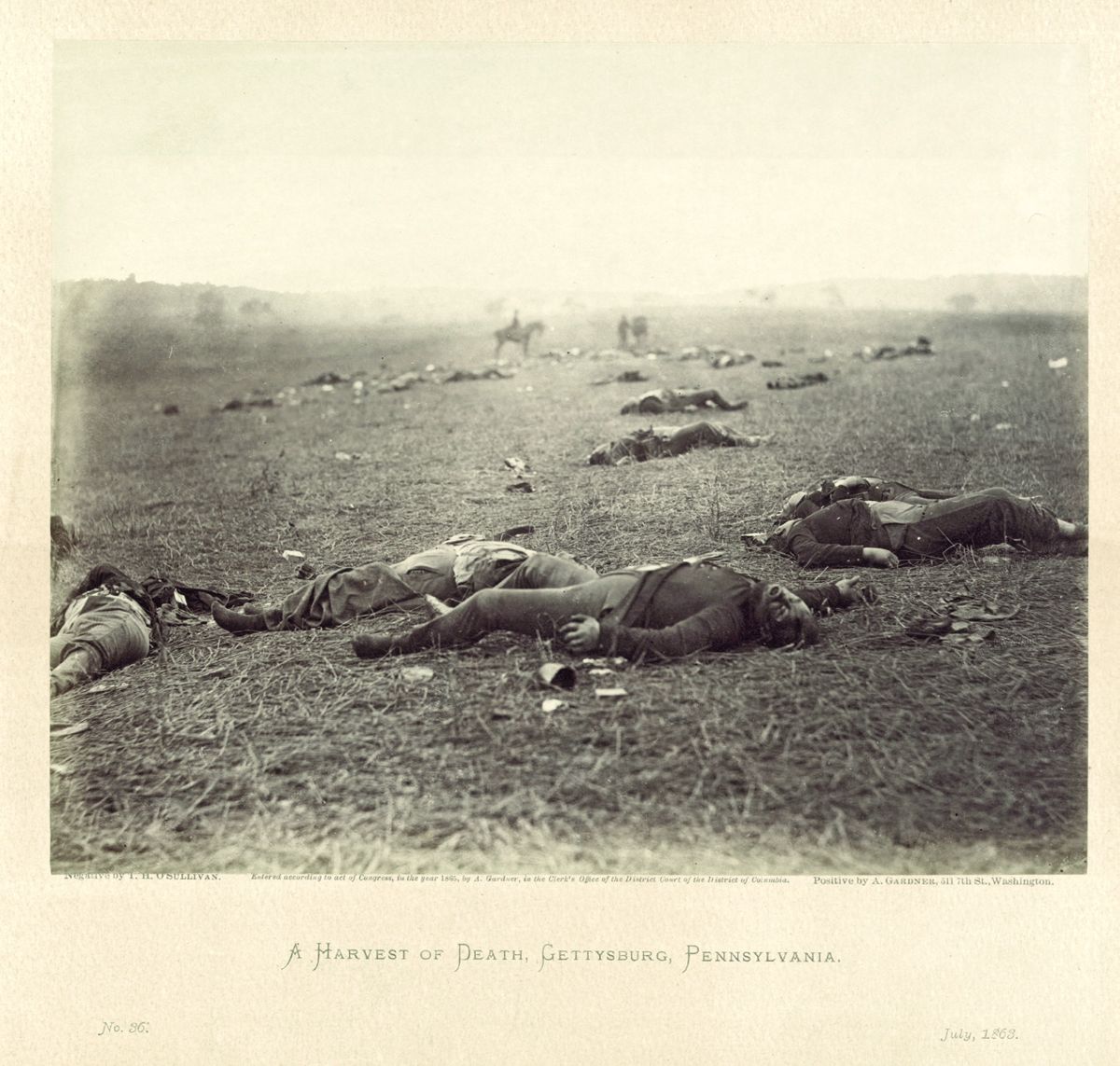 “A Harvest of Death,” perhaps the most famous Gettysburg battlefield photograph, was taken by Timothy O’Sullivan for Alexander Gardner’s photographic gallery. This is a print from Gardner’s Photographic Sketch Book of the Civil War. (Library of Congress)