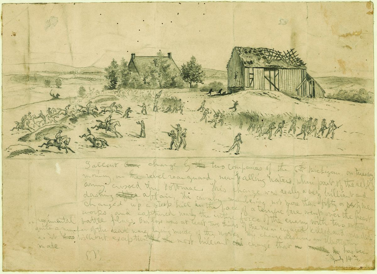 Gallant charge by two companies of the 6th Michigan on Tuesday morning on the rebel rearguard, near Falling Waters, where part of the rebel army crossed the Potomac by artist Edwin Forbes.