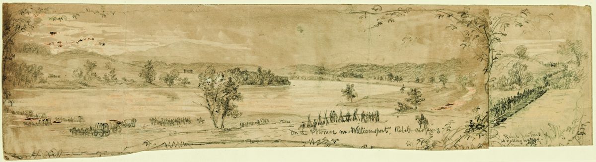 On the Potomac near Williamsport. Rebel crossing, Rebel Pontoons at Falling Waters by artist Alfred Waud.