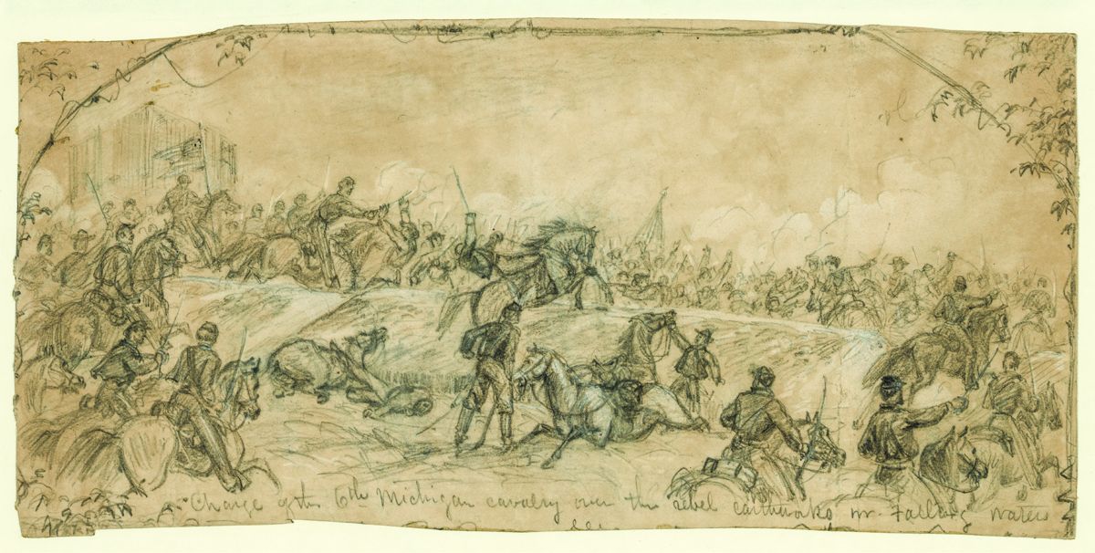 Charge of the 6th Michigan cavalry over the rebel earthworks near Falling Waters by artist Alfred Waud.