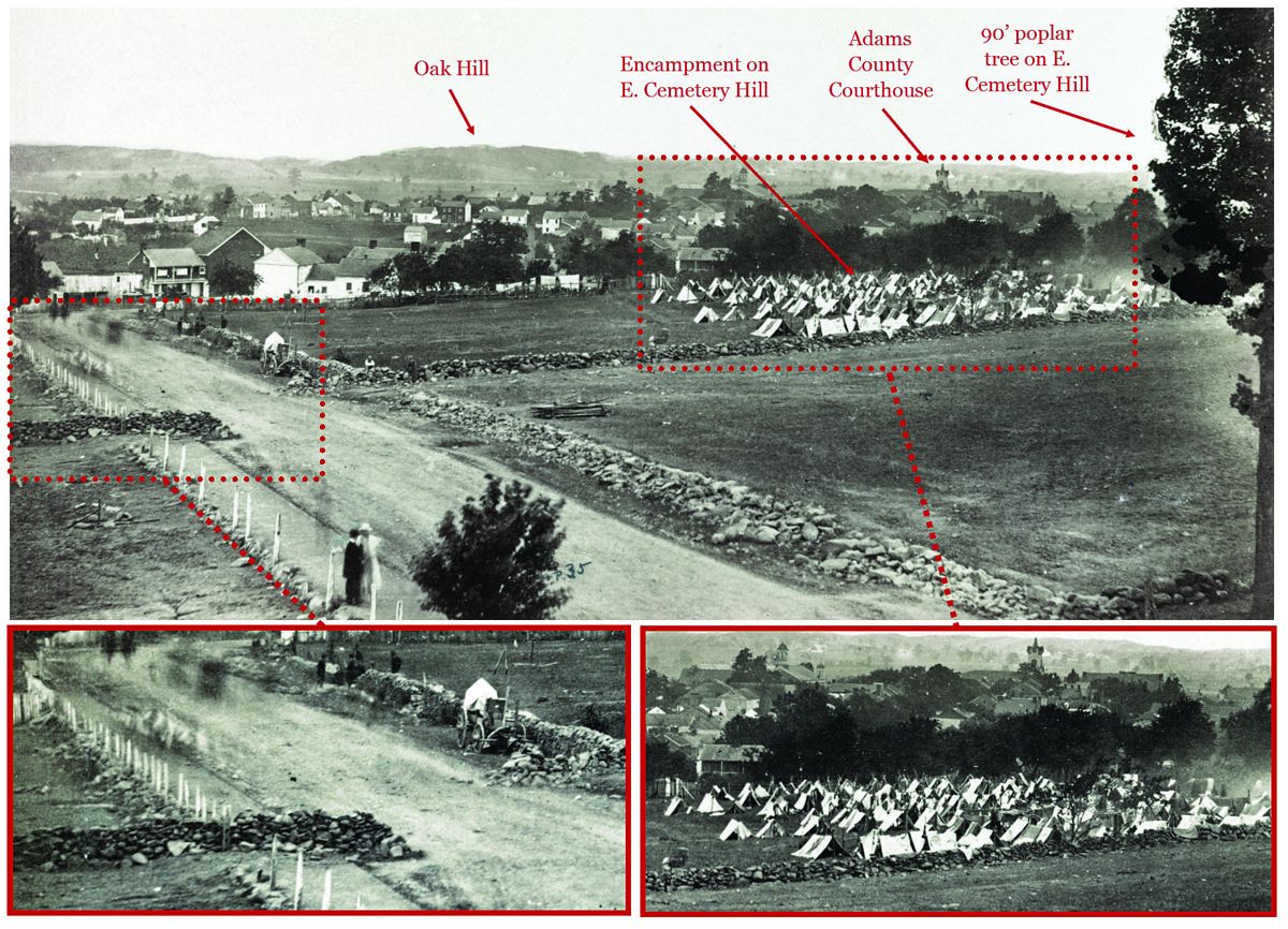 Photographer Alexander Gardner and his assistants actually covered the Gettysburg battlefield in advance of Brady’s crew and recorded two photos from atop the Evergreen Cemetery Gatehouse. The view looks northwest – not quite back toward Brady’s panorama – but the images share numerous visible features, some of which are denoted on both. The detail views show blurred traffic on the Baltimore Pike, a stone wall constructed into the pike to better protect Cemetery Hill and soldiers milling about the Union militia encampment, known to have been situated on that spot for roughly one month after the battle.