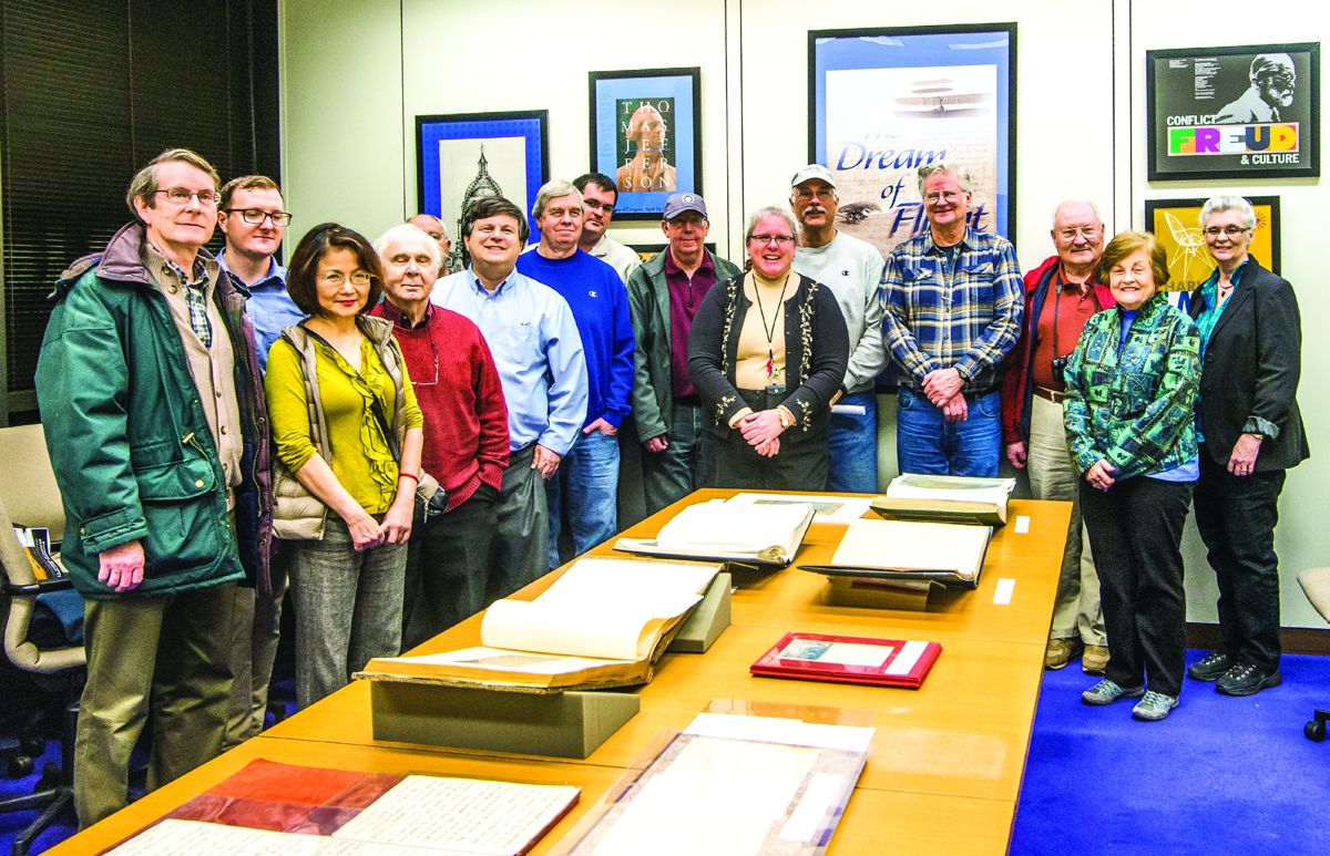 A group photo of the BRCWRT members at the Library of Congress. Left to right: Howard Ewing, Bill Backus, Sophie Chou, Charlie Kern (father), John Scully (partially hidden), Chris Kern (son), Dan Lundeen, Rob Orrison, Bob Eldridge, Michelle Krowl, Civil War and Reconstruction Specialist in the Manuscript Division, Jim Lewis, Ed Wenzel, Harlan Lenius, Nancy Anwyll, Pam Unger.