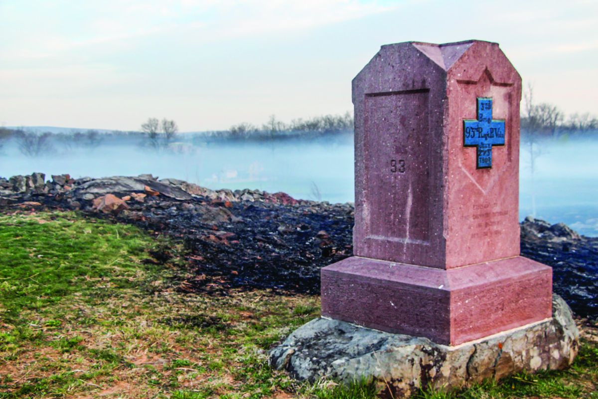 The 93rd Pennsylvania monument and controlled burn area supervised by the Gettysburg National Military Park personnel. (Leon Reed)