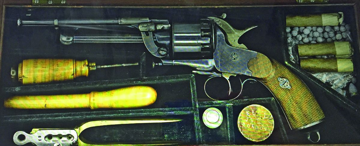LeMat SN 1432, just 40 before subject gun in last column. No British proofs but in fine English mahogany casing, sold after sale for $64,400.