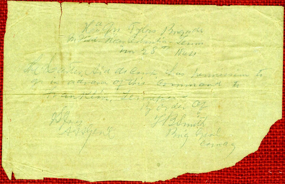 The Nov. 28, 1864, pass permitting Capt. Tod Carter to visit his nearby family home in Franklin has been acquired for display at the Carter (Battle of Franklin Trust)