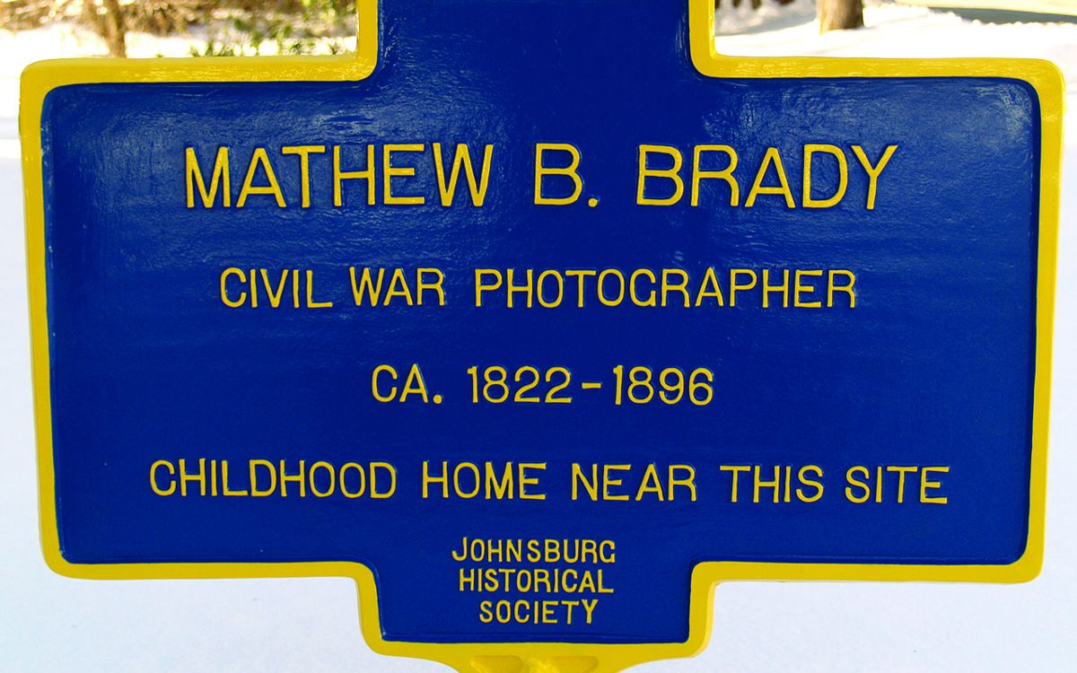 This sign to be installed in the spring replaces a stolen sign that said Mathew Brady was born near the site. (Paul Post)