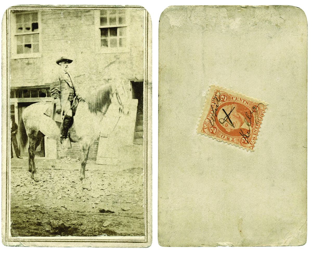 Researcher John O’Brien owns this image of Lee on Traveller, taken by White & Kelly of Lexington, Va., whose names hand cancel the 2 cent U.S. revenue stamp on the back. O’Brien believes it is a postwar image, not one from Petersburg.