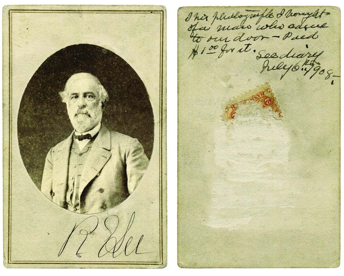 This image of Lee in his old uniform coat without military buttons has a revenue stamp fragment on the back. It is the same as another CDV with the same pose and a White & Kelly cancelled stamp.