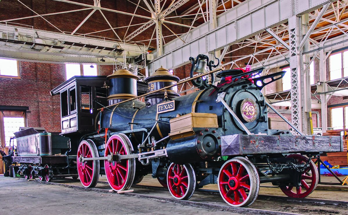 The Texas in its temporary home at the North Carolina Transportation Museum. Its 1930s replica smokestack and pilot (“cow-catcher”) have been removed. (North Carolina Transportation Museum)