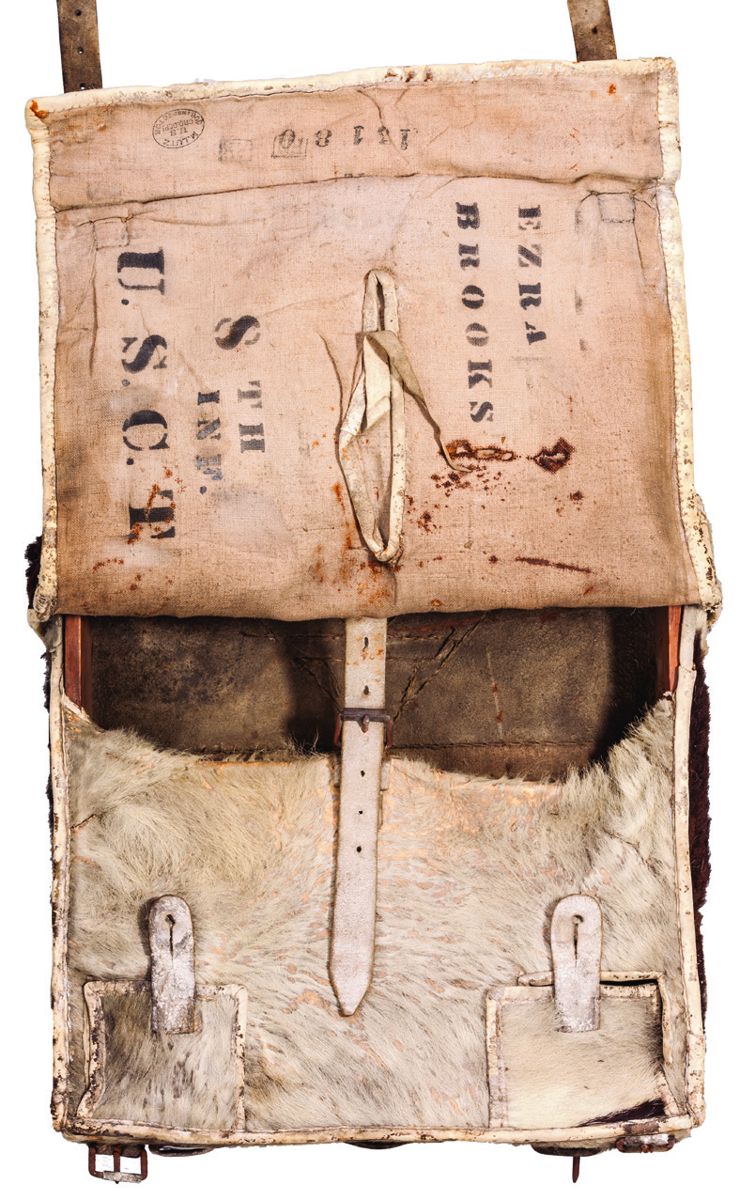 The knapsack’s interior shows Ezra Brooks’s stencil and “8th INF. U. S. C. T.” (Jack Melton)
