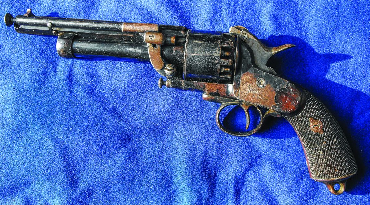 Left side view of Lemat showing unique loading assembly and lots of original bright blue factory finish.