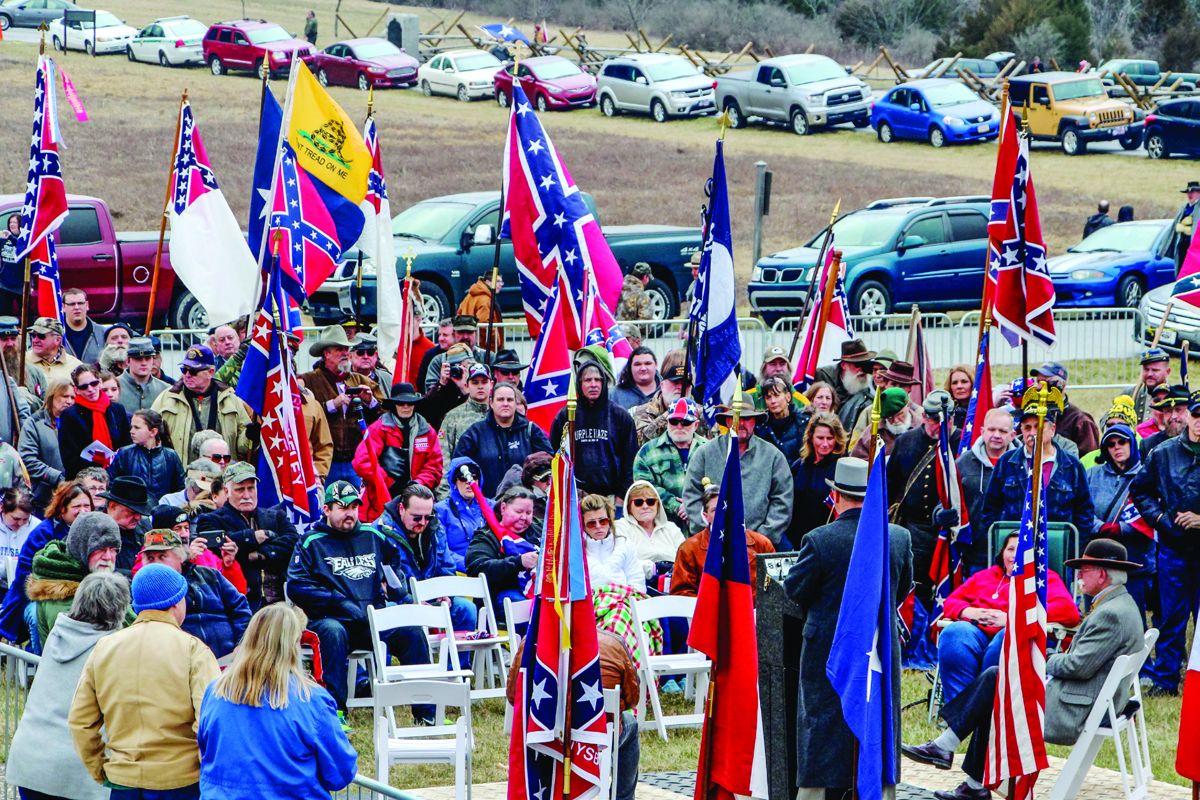Confederate flags adorn the field in front of the Eternal Peace Monument on the Gettysburg National Military Park. Unlike the protesters, this heritage group maintained a friendly presence during the event.