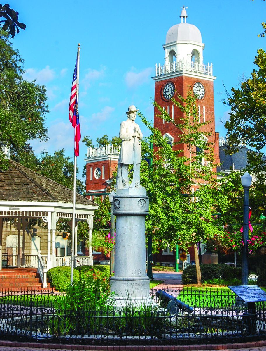 Decatur County, Bainbridge. Bainbridge’s Willis Park, formerly known as Monument Square, was the site of an older courthouse, replaced in 1902 by the Neoclassical Revival structure in the background. The monument was unveiled in 1906 by Linda Gordon, niece of Gen. John B. Gordon.