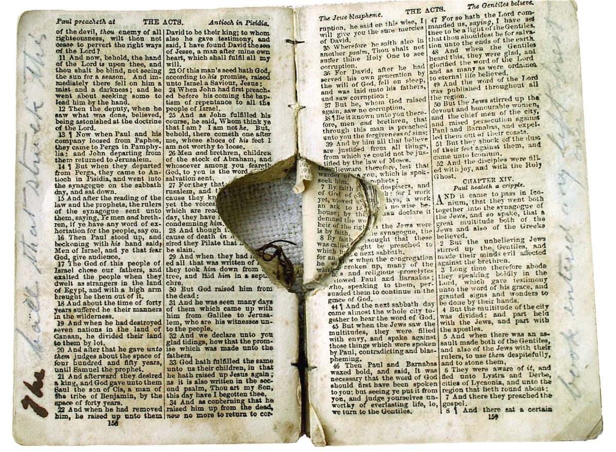 Private Thomas Cox’s bullet struck bible that saved his life.