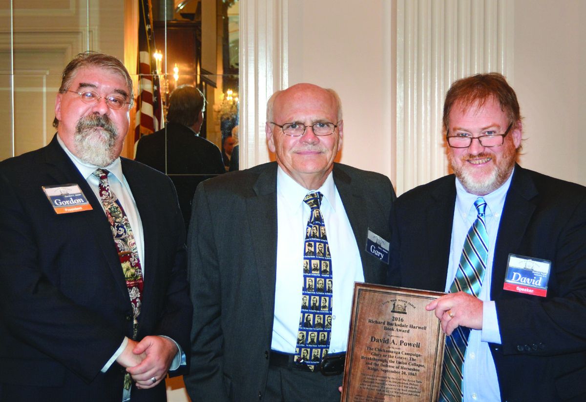 David Powell (right) receives the 2016 Richard Barksdale Harwell Award from Harwell Committee Chairman Gary Barnes (center) and President Gordon Jones (left). Photo courtesy Civil War Roundtable of Atlanta.