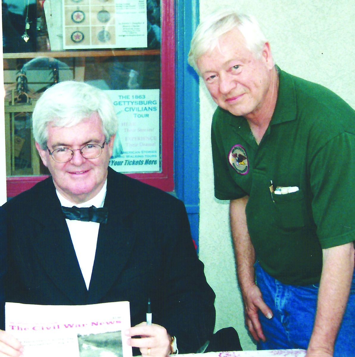 Former Speaker of the House Newt Gingrich and George outside The Regimental Quartermaster in Gettysburg.