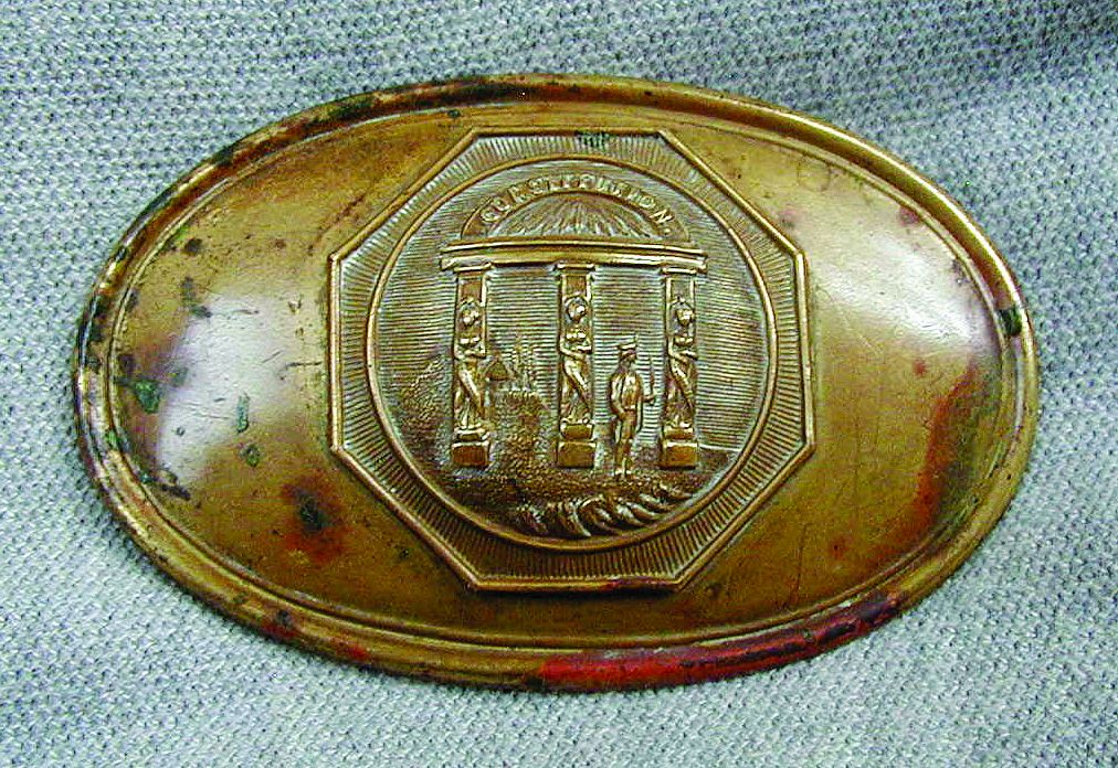 Front and back of the pre-Civil War Georgia oval belt buckle.