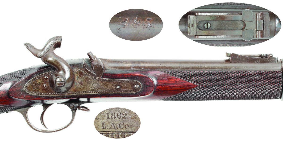engraved serial number 485 located on top of the barrel between the breech and rear sight.