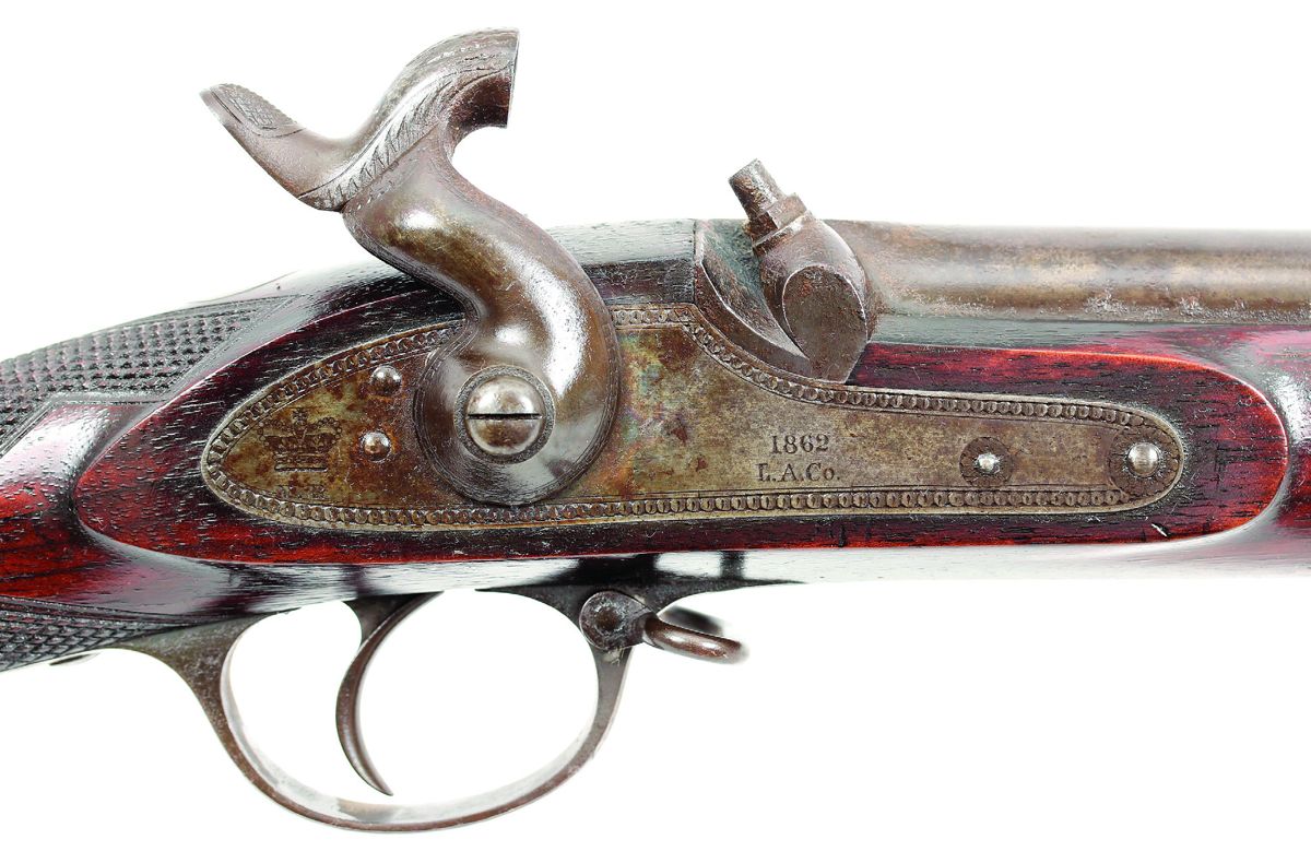 Additional details of Kerr Rifle #485 showing the 1862 / L.A. Co. lock marking, the refined rear sight and the engraved serial number 485 located on top of the barrel between the breech and rear sight.