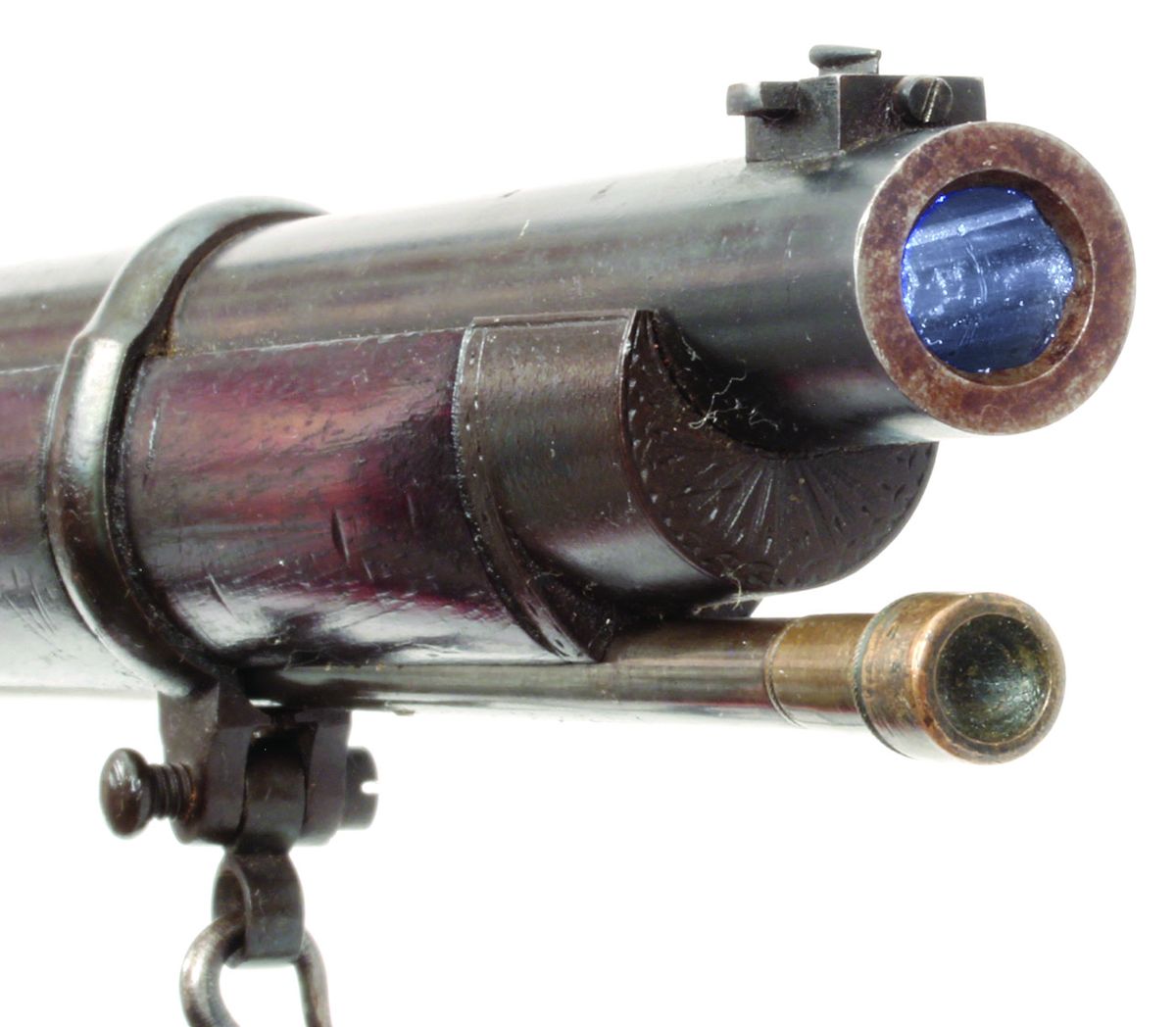 Muzzle detail of Kerr Rifle #485, showing the patent rifling of the .451 caliber bore, the windage adjustable front sight, and the special bronze tipped ramrod.