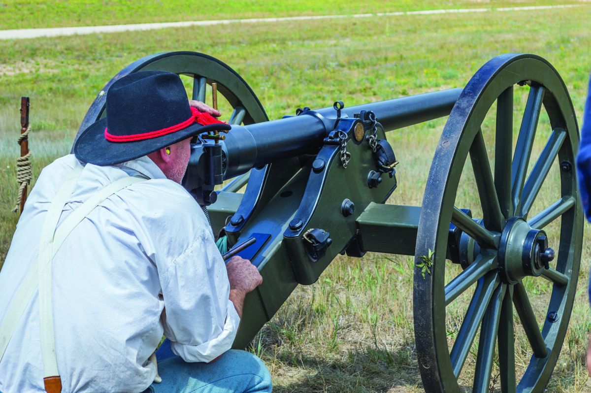 Mike Potucek, Loomis’ Battery, aiming his 3-Pdr. Whitworth Rifle. He won the 600 yard Breech Loading Mountain Rifle match on Sunday.