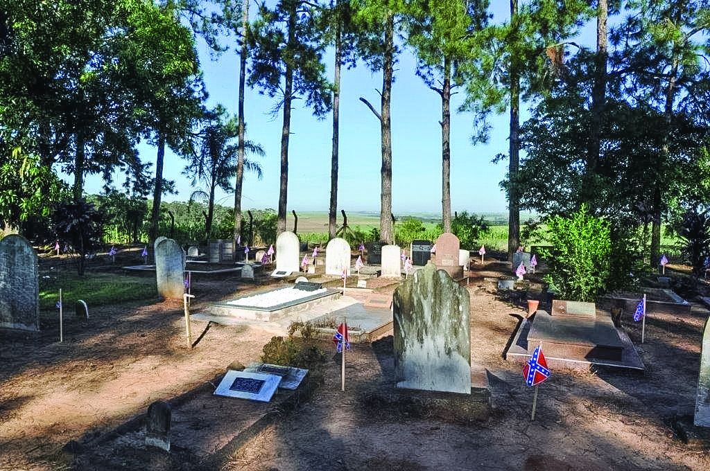 The cemetery in the shadows of Southern pines with Confederate flag marked graves.