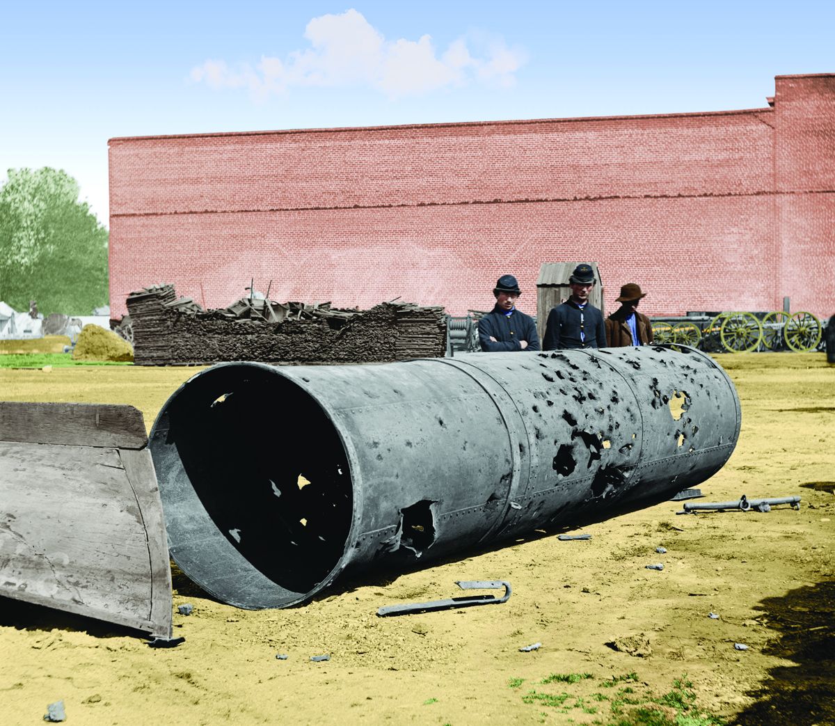 Rocketts, Richmond, Va. Battered smokestack from C.S.S. ironclad ram Virginia II, Colorization © 2011 civilwarincolor.com; courtesy civilwarincolor.com/cwn.