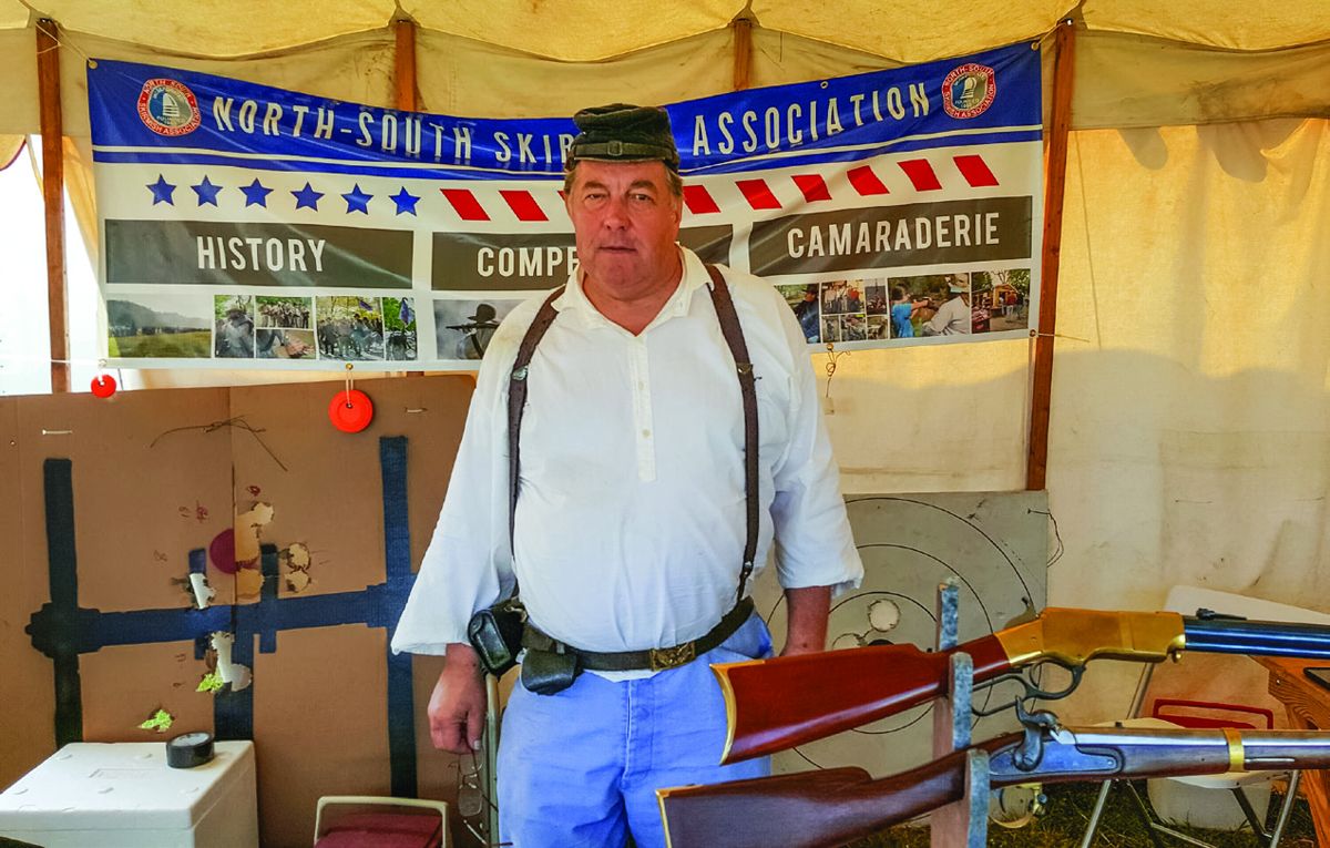 Chris Litvinas a member of Harlan’s Light Cavalry from Philadelphia with the North-South Skirmish Association display at the Annual Gettysburg Civil War Reenactment. Chris has been “Skirmishing” for 44 years.