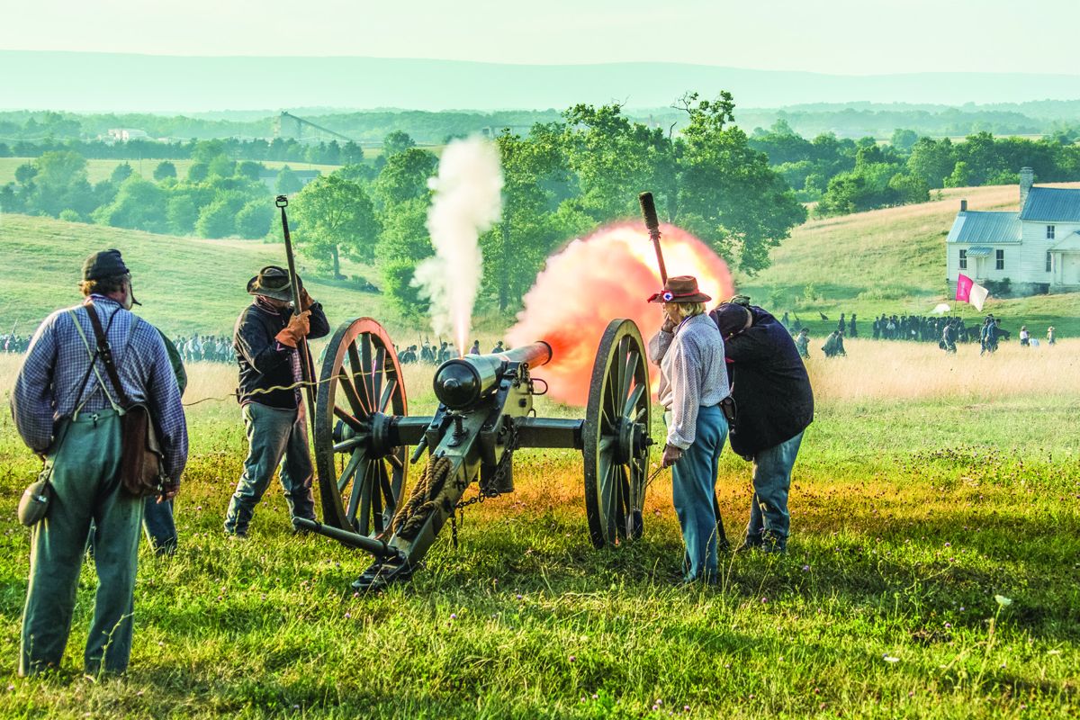 Union artillery blast sends a demoralizing message to the charging Confederates. (All photos by Sandy