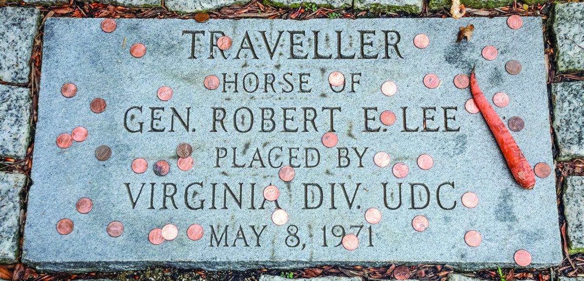 This granite tablet marks Traveller’s grave. It is only a few yards from General Lee’s crypt below the Lee Chapel. Visitors leave pennies and food in tribute to Lee’s favorite horse. Before Lee named him Traveller, he was known as Jeff Davis and later Greenbrier.
