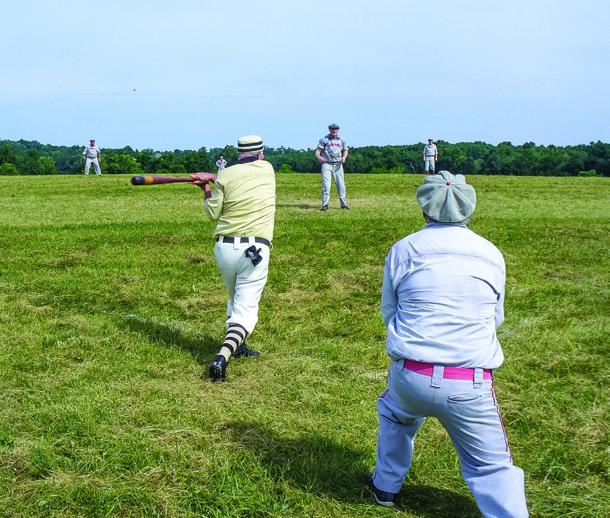 A batter for the Richmond Bees of Michigan hits a blast to the center- fielder of the Brooklyn Atlantics of New York. (All photos Joe Bordonaro)